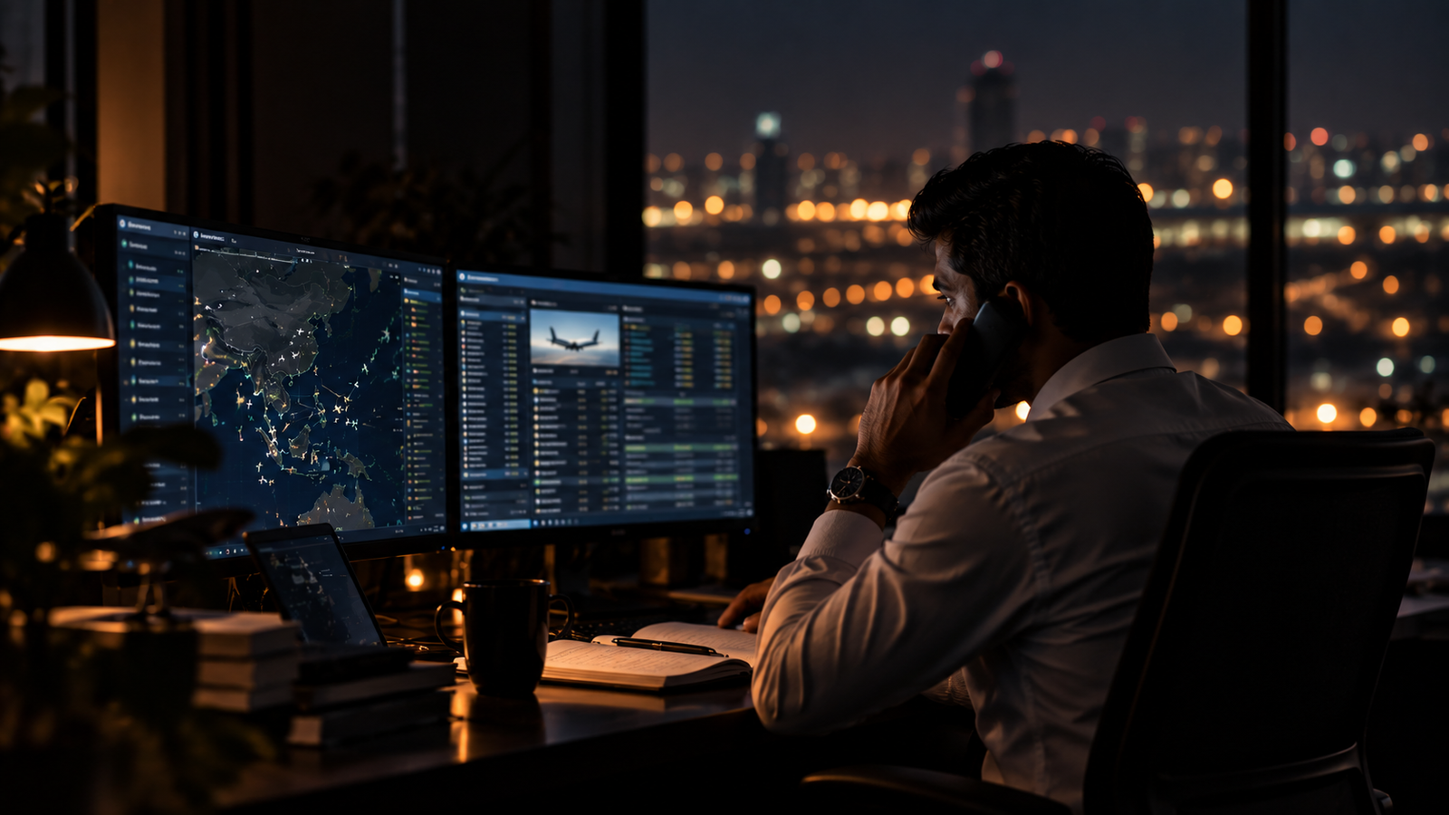Aviation professional on the night duty desk