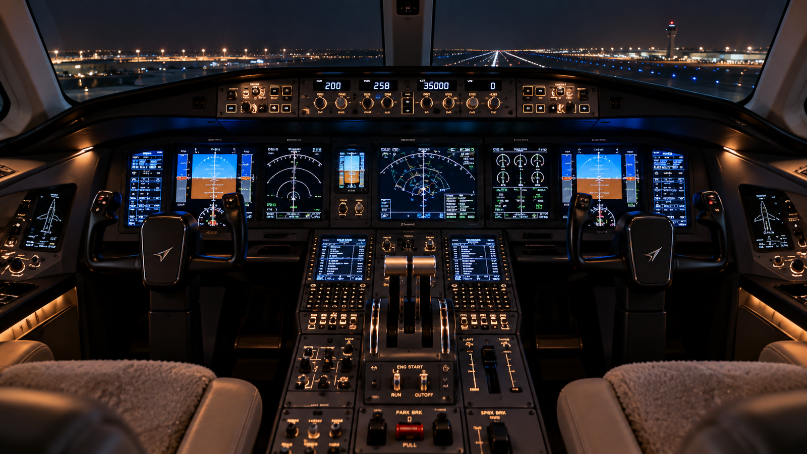 Business jet cockpit at night