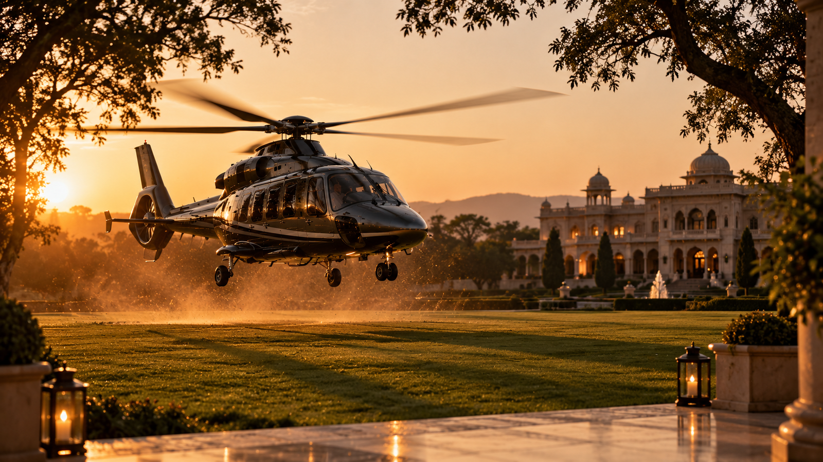Helicopter landing at an estate