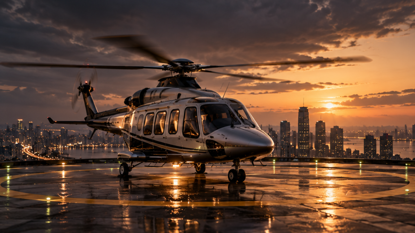 Executive helicopter on a rooftop helipad