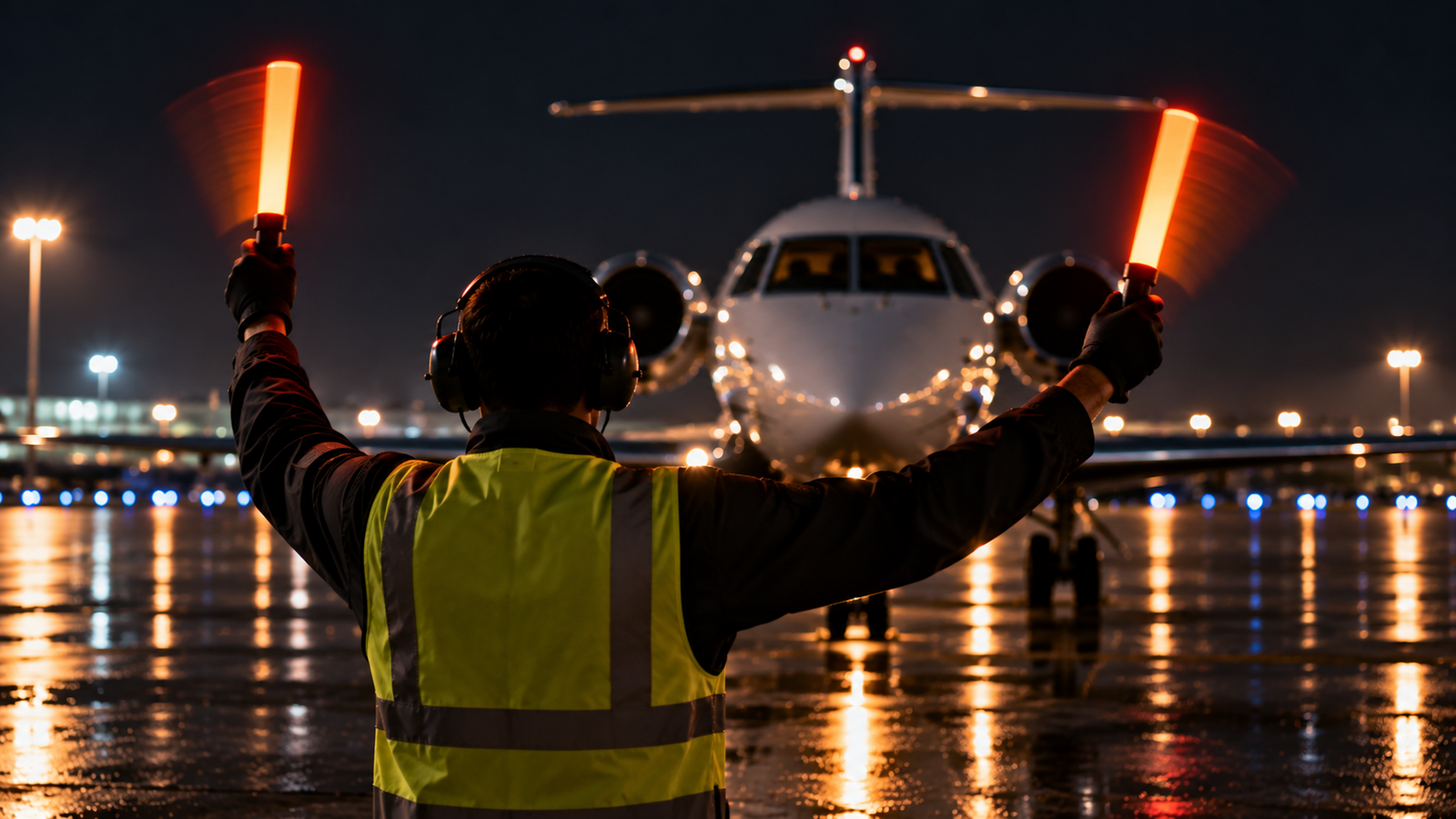 Ground marshaller directing an aircraft